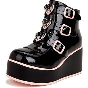 Lucky Step Women Black Round Toe Zipper Wedges High Heel Rave Buckle Booties